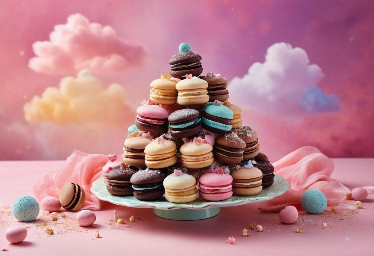 A whimsical confectionery wonderland filled with an array of gourmet treats such as decadent chocolate truffles, vibrant macaroons, and sugar-dusted pastries, set against a pastel backdrop of swirling candy clouds. Include a dreamy, surreal ambiance with twinkling stars and glimmering sugar crystals. Bright colors and soft textures should evoke feelings of joy and indulgence. Vintage style. vibrant colors. soft focus.